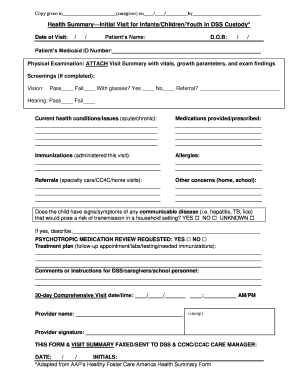 Health Summary Form for Children in DSS Custody