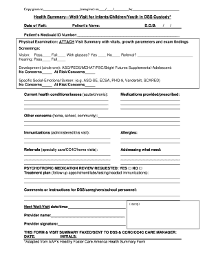 Health Summary Well-Visit Form for Children in DSS Custody
