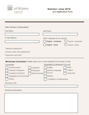 Summer Camp 2016 Job Application Form