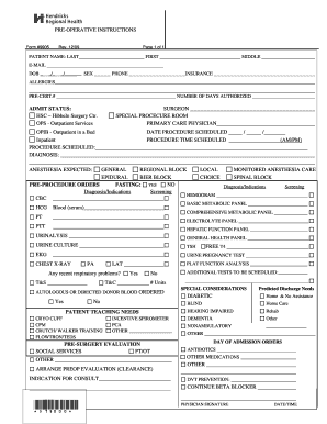 Pre-Operative Instructions Form