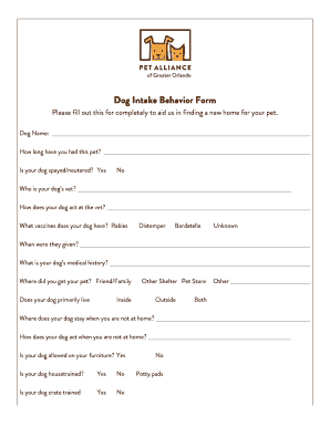 Dog Intake Behavior Form