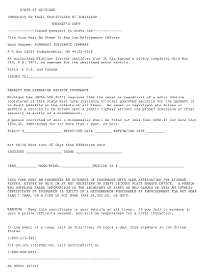 Michigan Temporary No Fault Insurance Certificate