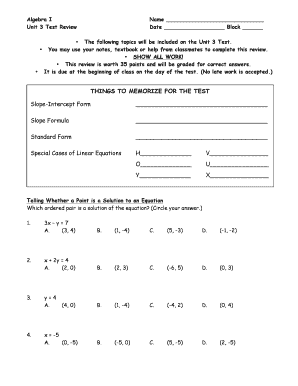 Algebra I Unit 3 Test Review