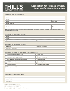 Application for Release of Cash Bond and/or Bank Guarantee