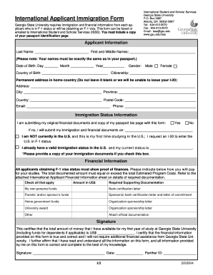 Georgia State University International Applicant Immigration Form
