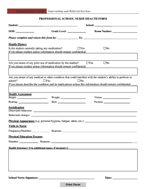 Professional School Nurse Health Form