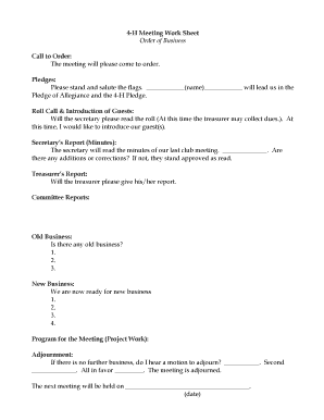4-H Meeting Work Sheet