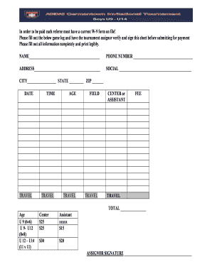 Referee Payment Game Log Form