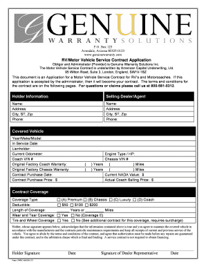 RV Motor Vehicle Service Contract Application