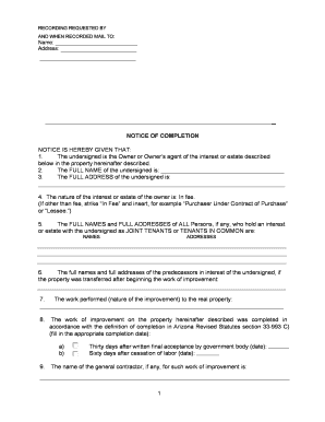 Arizona Notice of Completion