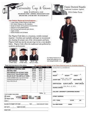2014 Order Form for Deluxe Doctoral Gown