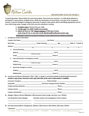 Mandatory Health Packet for Camp