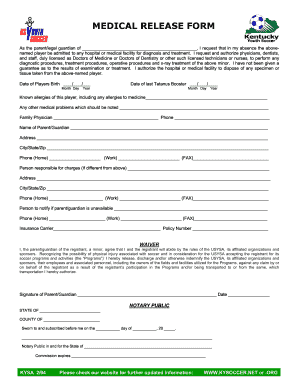 Medical Release Form for Minor Soccer Player