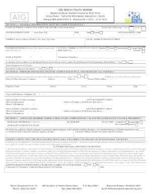 Cal South Youth Soccer Accident Insurance Claim Form