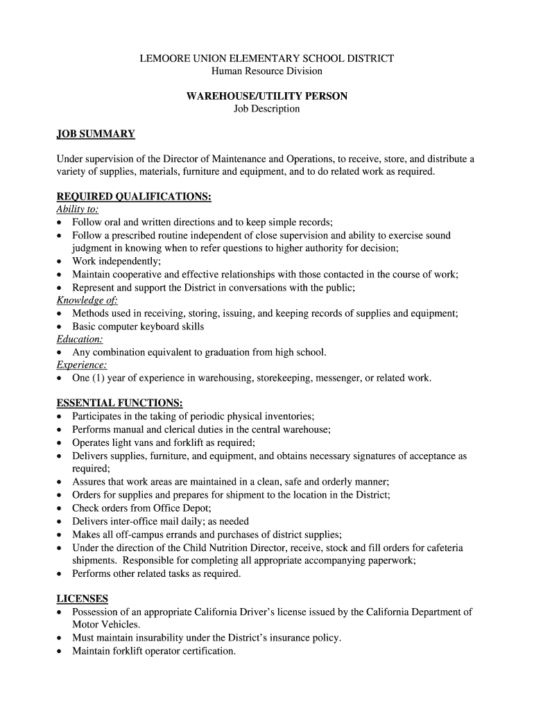 Fillable Online WAREHOUSEUTILITY PERSON Job Description Fax Email Print