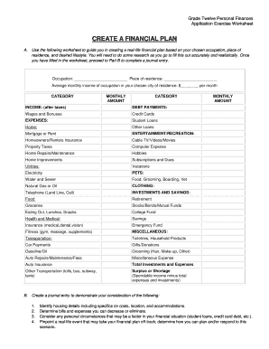 Grade Twelve Personal Finances Application Exercise Worksheet