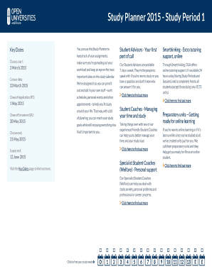 Study Planner 2015 Study Period 1 Key Dates Student Advisors Your first port of call You can use this Study Planner to keep track of your assignments, Classes start: 2 March 2015 Census date: make sure youre spreading out your workload and