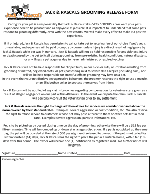 Jack & Rascals Grooming Release Form