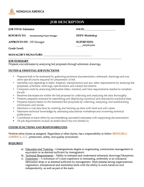 Estimator Job Description Form