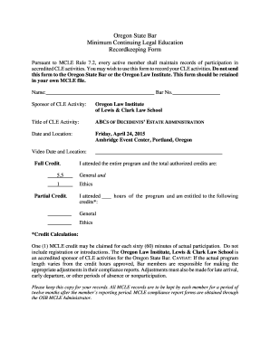 Oregon State Bar CLE Recordkeeping Form