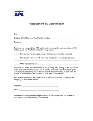 Replacement Bill of Lading Confirmation