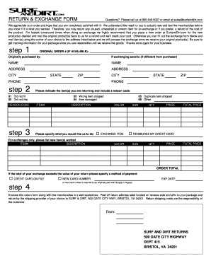 Surf and Dirt Return and Exchange Form