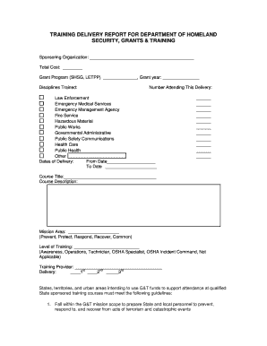 Training Delivery Report for DHS Grants