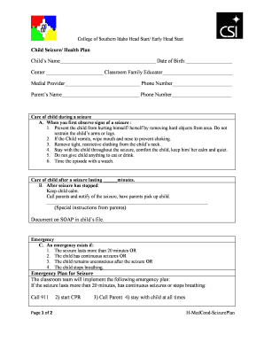 Child Seizure Health Plan