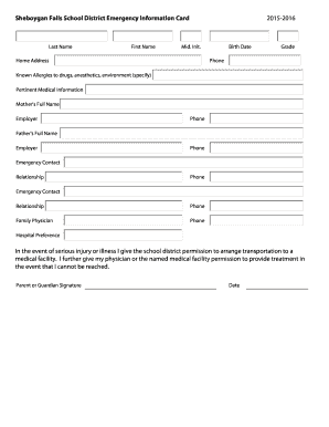 Sheboygan Falls School District Emergency Information Card
