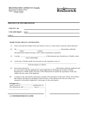 New Brunswick Vehicle Registration Affidavit