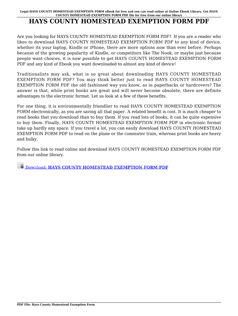 Fillable Online booluv HAYS COUNTY HOMESTEAD EXEMPTION FORM PDF HAYS
