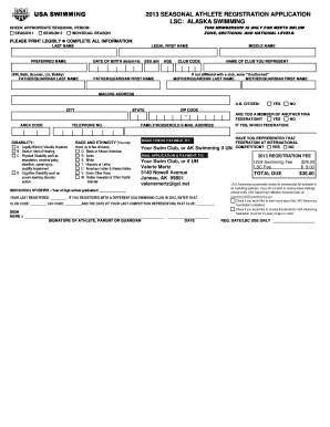 USA Swimming 2013 Seasonal Athlete Registration Application