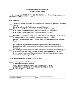 Texas Defensive Driving Course Plea and Request
