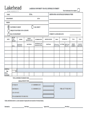 Lakehead University Travel Expense Statement