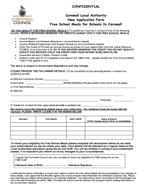 Cornwall Free School Meals Application Form