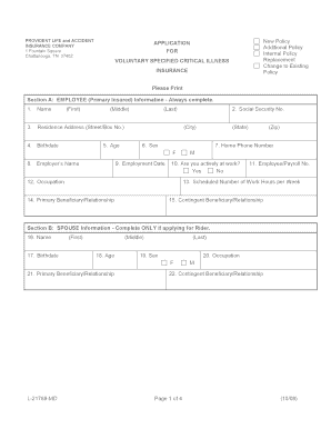 Provident Life and Accident Insurance Company Application