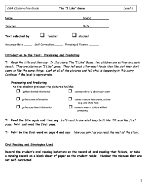 DRA Observation Guide for The I Like Game