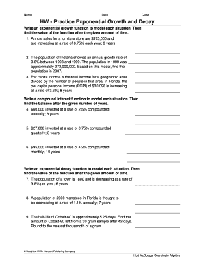 Exponential Growth and Decay Homework Worksheet