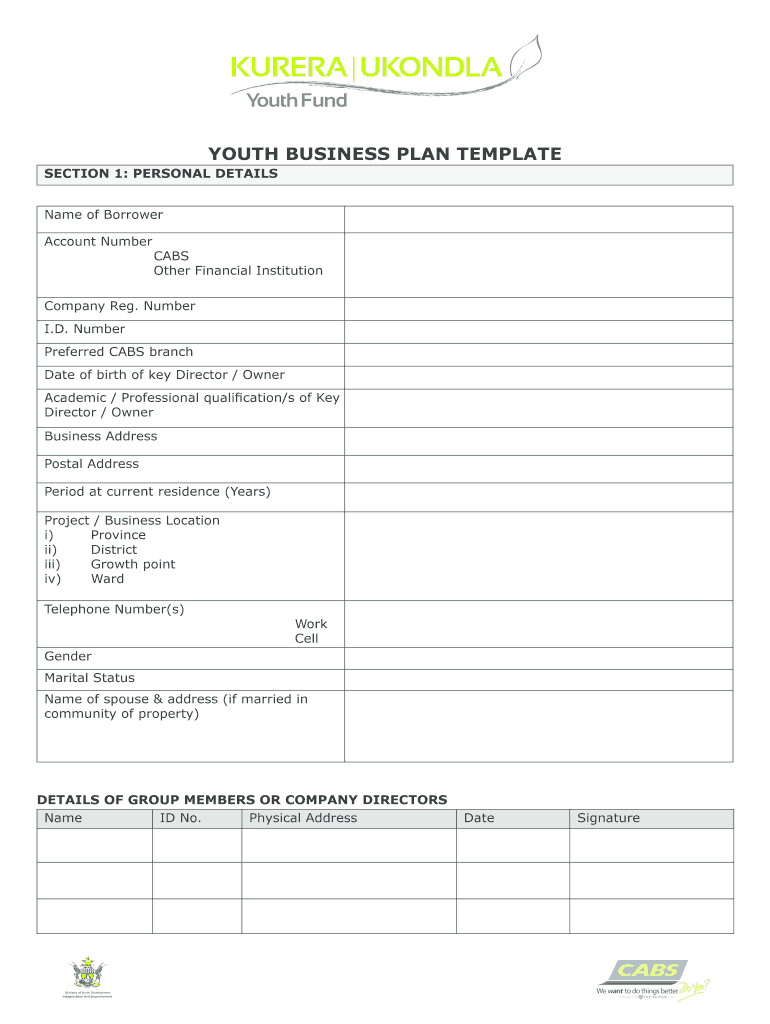 Fillable Online YOUTH BUSINESS PLAN TEMPLATE Fax Email Print pdfFiller