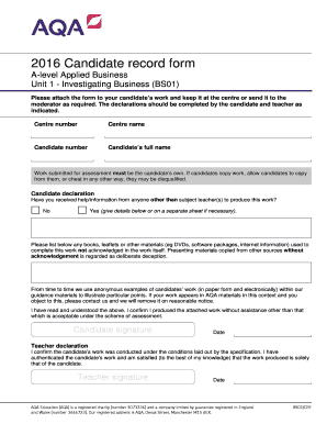 AQA A-Level Applied Business Candidate Record Form