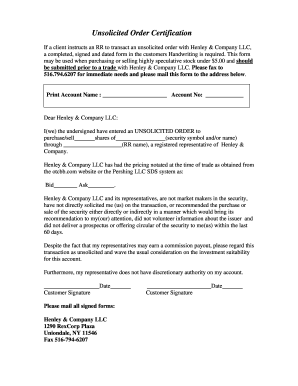 Unsolicited Order Certification