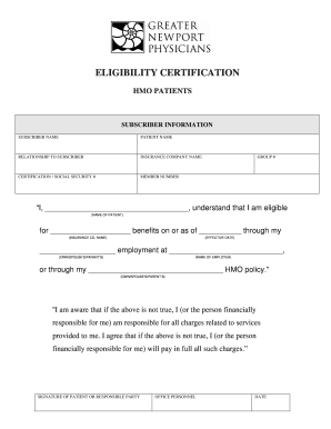 HMO Patient Eligibility Certification Form