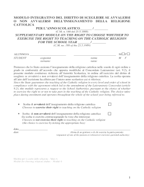 Modulo integrativo del diritto di scegliere se avvalersi o non avvalersi dell’insegnamento della religione cattolica
