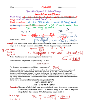 Physics 11 Power and Efficiency Worksheet