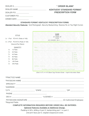 Kentucky Prescription Form Order Blank