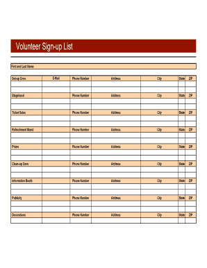 Volunteer Sign-up List