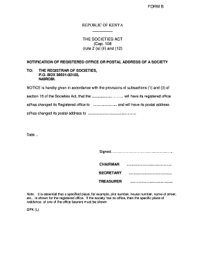 Kenya Societies Act Registered Office Notification
