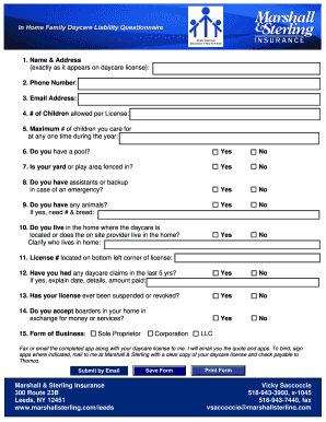 In Home Family Daycare Liability Questionnaire