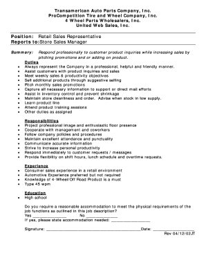Retail Sales Representative Job Application