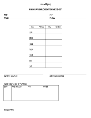 Holiday/PTO Employee Attendance Sheet